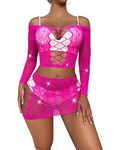 Sniff Rose Women's Mesh Cut-Out Rhinestone Studded Fishnet Bardot Lingerie Set Tube Top with Skirt Sparkly Hollow-Out Club Wear Party Dress Bodysuits Costume Set (Hot Pink)