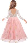 Flower Girls 3/4 Sleeve Deep V-Back Tulle Vintage Lace Wedding Party Long Dress Princess Communion Pageant Maxi Gown, Pink & Floral, 11-12 Years