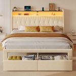 Rolanstar Queen Bed Frame with Drawers, Storage Headboard with Charging Station and LED Lights, Upholstered Bed with Heavy Duty Wood Slats, No Box Spring Needed, Noise Free, Easy Assembly, Beige