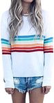 ECOWISH Women's Sweater Rainbow Colorful Striped Sweaters Long Sleeve Crew Neck Color Block Casual Pullover Blouse Tops White Small