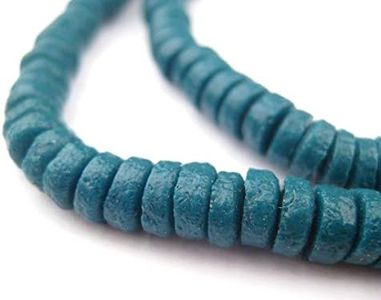 Teal Sandcast Disk Beads - Full Strand of 7mm African Rondelle Donut Glass Beads from Ghana - The Bead Chest