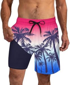 Cozople Mens Swim Trunks with Compression Liner 7 Inch Inseam 2 in 1 Beach Board Shorts Coconut Tree Bathing Suit Summer No Chafe Athletic Shorts for Casual Running M
