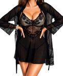 RSLOVE Sexy Lingerie Robe Set - Lace Kimono Robe with Lingerie Babydoll Mesh Chemise Strap Nightdress Sleepwear Black M