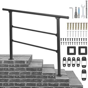Handrails for Outdoor Steps, 4 Step Handrail Fit 3 or 4 Steps Outdoor Stair Railing, Black Wrought Iron Stair Handrail with Installation Kit, Metal Porch Railing
