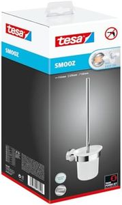 tesa Escobillero para Baño Smooz - Escobillero de Pared Necesidad de Taladrar con Recipiente de Cristal Satinado - Incluye Solución Adhesiva de Montaje
