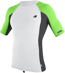 O'Neill Wetsuits Men's Standard Premium Skins Short Sleeve Rash Guard, White/Raven/Day Glow, Large