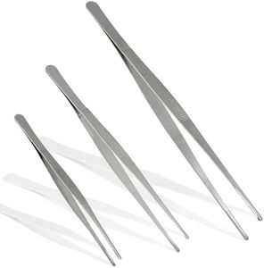 Bonsicoky 3Pcs Stainless Steel Tweezer Set (8" 10" 12"), Long Tweezers with Precision Serrated Straight Tips, Non-slip Multitool Tweezer for Cooking, Repairing, Medical, Garden