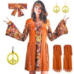 ATAMET 60s 70s Outfits for Women Hippie Costume Disco Dress,Halloween Party Dress Set (Brown A, Medium)