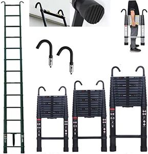 3.8M Telescopic Ladder with hooks, 12.5FT Black Multi-Purpose Folding Aluminium Telescoping Ladder Foldable Ladder Extension Ladder Extendable Portable Loft Ladder Lightweight, 330lb Capacity, EN131