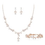 EVER FAITH Wedding Jewelry Set for Bride Bridesmaid, Rose Gold Plated Teardrop Cubic Zirconia Leaf Vine Bridal Prom Necklace Dangle Earrings Bracelet Set for Women