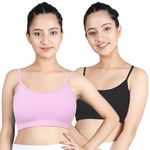 DChica Thin Strap Sports Bra for Girls | Cotton Non-Padded & Non-Wired Beginners Bras | Gym Bra, Yoga, Activewear | Double Layered Full Coverage Bra | Lilac & Black Bra Pack of 2