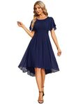 Ever-Pretty Women's Chiffon Blue Evening Dresses Crew Neck Pleated Waist Short Sleeve Wedding Guest Dress Navy Blue 12UK