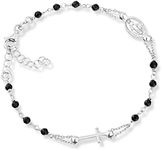 Miabella 925 Sterling Silver Italian Natural Black Spinel Rosary Cross Charm Bead Bracelet for Women Teen Girls, Adjustable Link Chain, Handmade in Italy, 7 inches, Sterling Silver, spinel