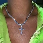 Inateannal Diamond Cross Necklace for Women Men Sparkly Cubic Zirconia Tennis Necklace CZ Cross Pendant Necklace Chain Punk Hip Hop Accessory