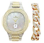 Bling-ed Out Oblong Case Two Tones Mens PP Look Watch with Two Mix and Match Bling-ed Out Cuban Bracelets - 8475BTT Cuban Set (Gold Cuban)