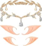 Elf Ears with Elf Crown, Elf Ears with Headband, Fairy Ears and Crown Headband Set for Women Girls, Rhinestone Leaf Wedding Tiara Crown Cosplay Fairy Pixie Elf Ears for Brides Pageants Wedding Prom
