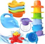 TECHNOK Baby Bath Toys for Toddlers - 12 pcs Rainbow Stacking Cups Baby Toy with Bath Boats Train and Toddler Watering Can - Stackable Plastic Bath Toys - Sea Animal Shapes Bath Toy for Girls and Boys