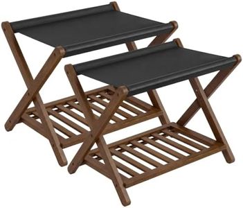 SONGMICS Bamboo Luggage Racks, Foldable Suitcase Stand, Luggage Holder with Storage Shelf, PU Synthetic Leather, Fully Assembled, for Guest Room, Hotel, Bedroom, Set of 2, Walnut Brown URLR040KZ01