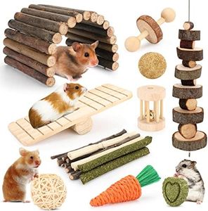 YIXUND Hamster Cage Accessories, 12 Different Chew Toys for Guinea Pig, Chinchillas, Gerbils, Mice, Rats, Mouse, Rabbit, Bunny Hideout Seesaw, Natural Molar Tools