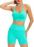 RUNNING GIRL Ribbed Workout Outfits for Women 2 Piece Seamless Sport Bra High Waist Yoga Shorts Sets(2960Electric Green Set_XL)