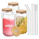 D.M DESIGN·MASTER [4 Pack, 20 OZ] - Premium Glass Cup with Bamboo Lids and Glass Straws, Can Shaped Beer Glasses, Tumbler Glasses, Perfect for Beer, Cocktail, Iced Coffee, Iced Tea and Soda.