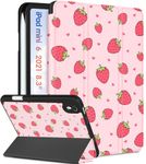 Wazzasoft for iPad Mini 6 Case, for iPad Mini 6th Generation Cases Women Girls Kids Cute Folio Cover Girly Kawaii Strawberry Pencil Holder Auto Sleep/Wake for Apple iPad 6 Mini Case 2021 8.3 Inch