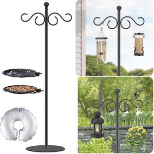 Thickened 74.5" Shepherd's Hook with Stand，Bird Feeder，Wind Chime Hanger Stand, Waterproof Metal & Adjustable-Height Pole Holder for Lantern ，Wreath, Hanging Plants Indoor & Outdoor（2 Placement Racks)