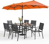 PHI VILLA 7 Pieces Patio Dining Set for 6 with 13ft Large Patio Umbrella, Metal Outdoor Stackable Wrought Iron Chair Set of 6 & 60"X38" Metal Dining Table,Market Table Orange Red Umbrella