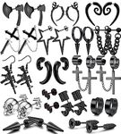 Thunaraz 16 Pairs Stainless Steel Punk Y2K Black Earrings for Men Women Mens Earrings Axe Skull Screw Cone Cool Emo Goth Chains Jewelry Piercing Dangle Hoop Earrings Stud Set