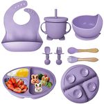 Hoidokly Silicone Baby Feeding Set 8 Pcs, Baby Led Weaning Feeding Supplies for Toddlers Weaning Set with Suction Baby Bowl, Adjustable Bib, Plate, Cup, Fork, Spoon, 6+ Months BPA Free(Purple)