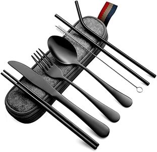 DEVICO Portable Utensils, Travel Camping Cutlery Set, 8-Piece Including Knife Fork Spoon Chopsticks Cleaning Brush Straws Portable Case, Stainless Steel Flatware Set (Black)