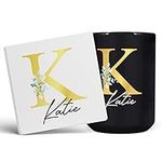 Personalised Letter K Floral Mug Initial with Name, Customised Gift, Gold Effect Printed Letter, NOT Metallic - Ceramic Coffee Cup for Men or Women, Extra Large and Giant Mug, 15oz Black Mug & Coaster