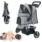 LPOTIUS Pet Stroller for Medium Small Dogs and Cats, Folding Puppy Stroller Dog Cat Cage Jogger Stroller with Cup Holder and Storage Basket, 3 Wheels, Grey Zipper