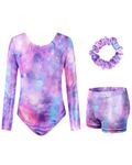 JiAmy Gymnastics Leotards for Girls, Long Sleeve Biketards Sparkly Dance Unitard with Shorts Athletic Bodysuit Outfit for Kids, Purple 6-7 years