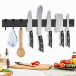 Dmore Magnetic Knife Rack with 3 Hooks-Extra Strong Magnetic Knife Holder Made of Stainless Steel, Optional Installation with Self Adhesive 3M Tape or Screws, Black Knife Strip for Knives, 40 cm