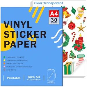 Ruibytree Printable Clear Vinyl Sticker Paper for Inkjet Printer - A4 Size (297 x 210 mm) Transparent DIY Self-Adhesive Sticker Compatible with Cricut, Dries Quickly Vivid Colors (30 Sheets)