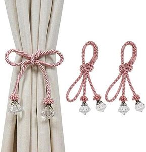 Hiastra Curtain Tiebacks Rope with Crystal, 2pcs Decorative Handmade Tie Back Curtain Holdbacks Pink Rope for Window Sheer Drapes Home Office, Pink