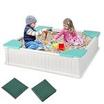 GYMAX Kids Sandbox, Garden Square Sandpit with 4 Corner Seats, Cover and Bottom Liner, Outdoor Children Sand Box for Boys Girls, 123 x 123 x 31cm (White)