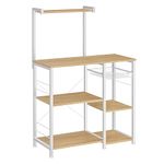 VASAGLE Kitchen Shelf, Standing Shelf, Baker Rack with Metal Basket, 6 Hooks, Microwave Shelf, for Spices, Pots and Pans, Modern, Oak Beige Classic White KKS035W09