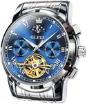 OLEVS Luxury Automatic Watch No Battery Men Mechanical Waterproof Stainless Steel Wrist Watch Tourbillon Skeleton Self Winding Wristwatch Adjustable Bracelet (Gift Tool), sliver steel-blue, ROUND
