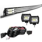 TURBO SII 50 Inch LED Light Bar 684W Curved Triple Row Spot Flood Combo Light Bar 2pcs 4 Inch 60W Spot Pods Cubes Driving Fog Lights + Wiring Harness Kit for Trucks ATV UTV Jeep SUV Boats