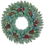 Assilyraft 26 inches Pre-lit Blue Spruce Artificial Christmas Wreath with Red Berries, Pine Cones, 40 C3 Dual-Color Multi-Functional Battery Operated LED Lights with Timer