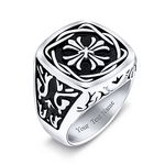 Personalize Large Statement Medieval Mens Religious Ancient Viking Maltase Fleur De Lis Cross Square Signet Band Ring for Men Oxidized Silver Tone Stainless Steel Custom Engraved