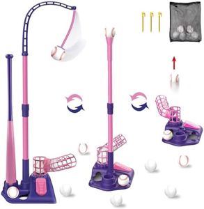 Intoypad 3-in-1 T Ball Set for Girls 3-5 5-8, Height Adjustable Tee Ball Set with 6 Baseballs, Indoor Outdoor Sports Toys for Girls Pink(Tball Bat/Batting Tee/Hanging Tee/Pitching Machine)
