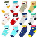 Toddler Socks Boys 12-36 Months Baby Socks 12 Pairs Non Slip with Grip Crew Cotton Socks for Boys Ages 1-3(Multi-Patterns)