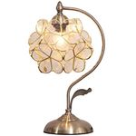 Bieye L30734 Cherry Blossom Tiffany Style Stained Glass Table Lamp with 8-inch Wide Floral Lampshade Vintage Brass Base (Textured Clear)