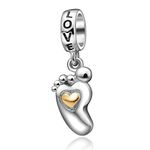 Baby Footprint Charms 925 Sterling Silver New Baby Heart Birthstone Charms Fits Pandora Charm Bracelets, Gifts for Mom,Christmas, Sterling Silver, crystal