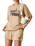 KSHS Women's Cotton Printed Night Suit Set of Top & Shorts (Large, Camel)