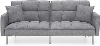 Best Choice Products Convertible Linen Fabric Tufted Split-Back Plush Futon Sofa Furniture for Living Room, Apartment, Bonus Room, Overnight Guests w/ 2 Pillows, Wood Frame, Metal Legs - Dark Gray