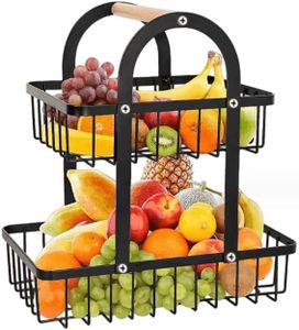 LANSKYLAN Cesta para Fruta Frutero de 2 Niveles Cesta de Frutas y Verduras Fruteros de Cocina con Mango de Madera Estante de Almacenamiento de Frutas con Tornillos para Hogar Oficina (32 * 18 * 31cm)